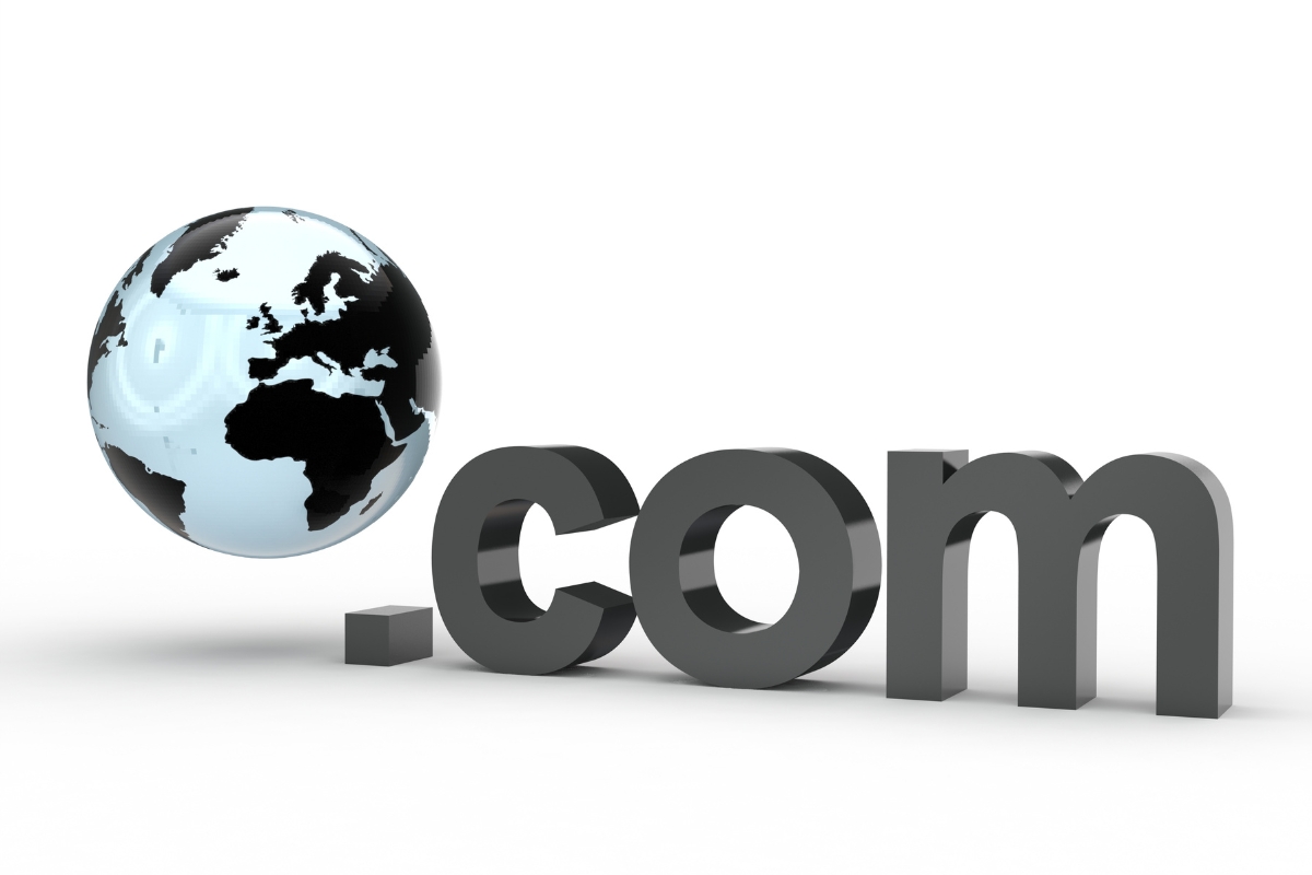 A 3d image of the word "com" on a white background for a domain name search.