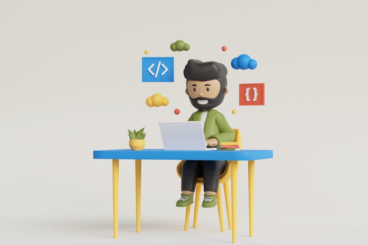 3D illustration of a man working on a laptop, signifying why you should hire a WordPress developer.