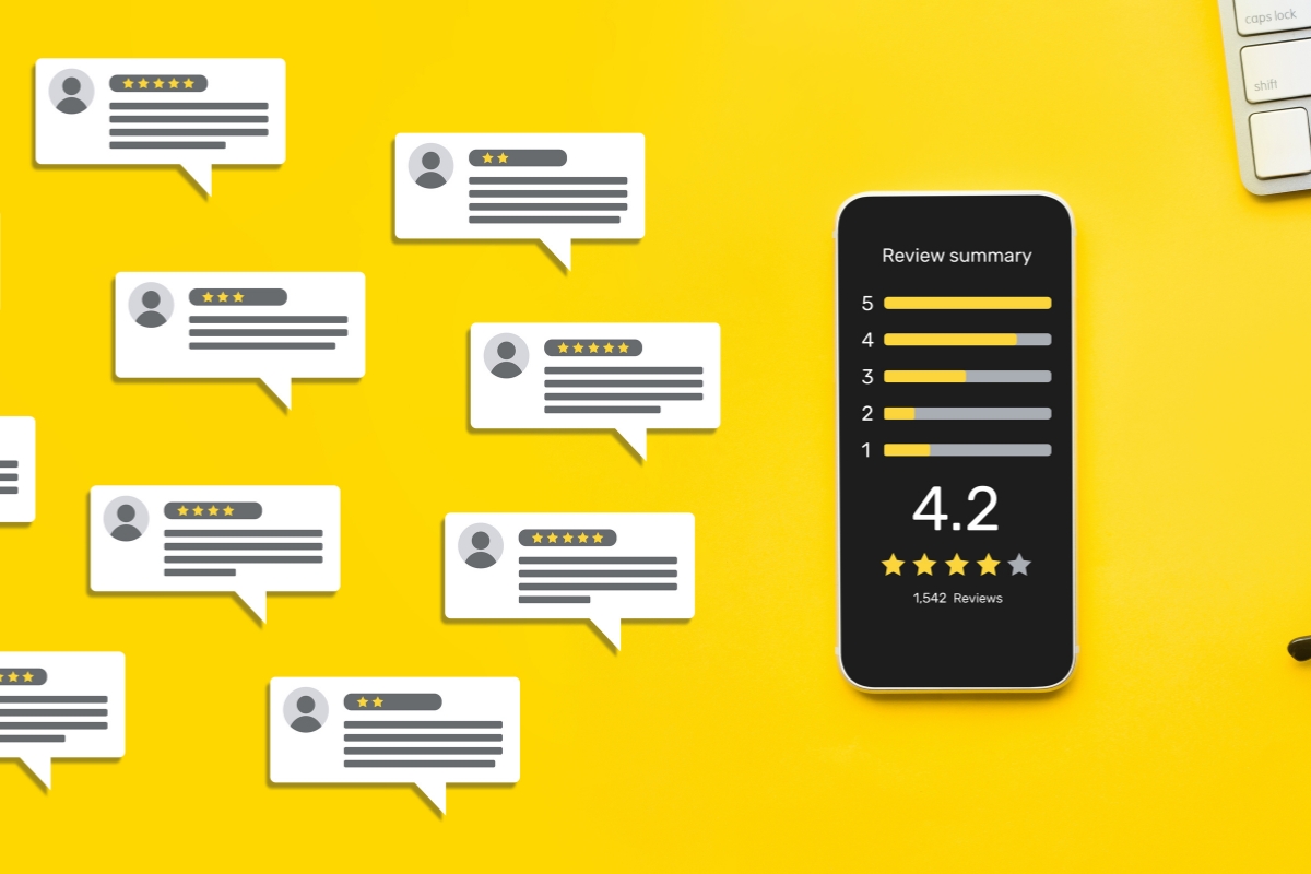 A yellow background with a phone and keyboard draws attention to negative reviews.