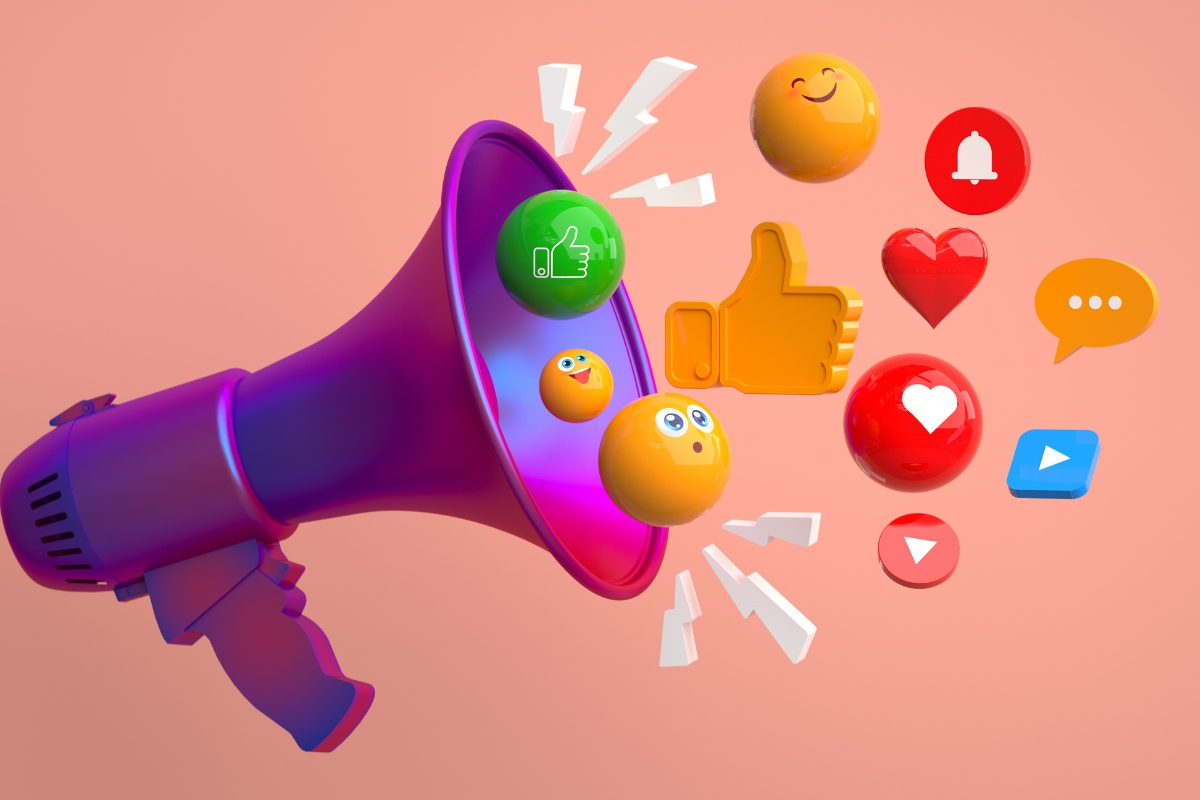 a horn with social media icons, indicating social media copy for marketing