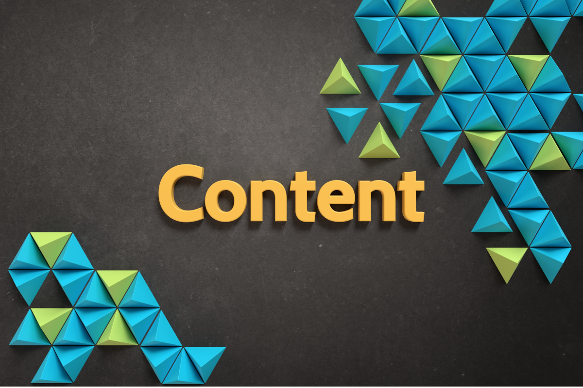 The word content surrounded by triangles on a black background.