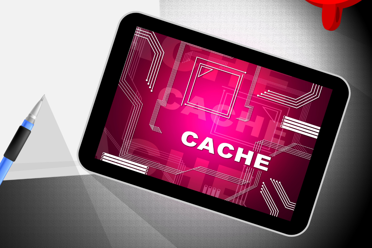 A tablet displaying the word cache with a pen nearby.