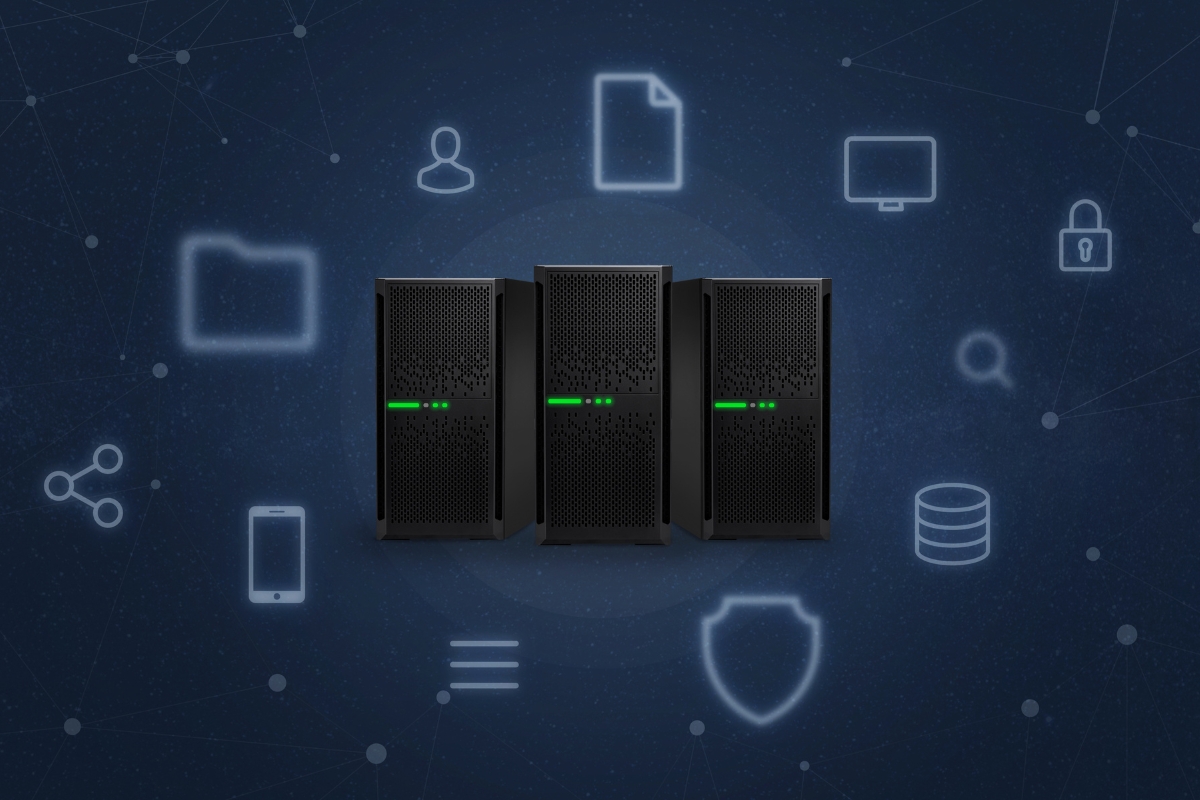 A group of servers enclosed by icons on a dark background, illustrating the concept of a content delivery network (CDN).