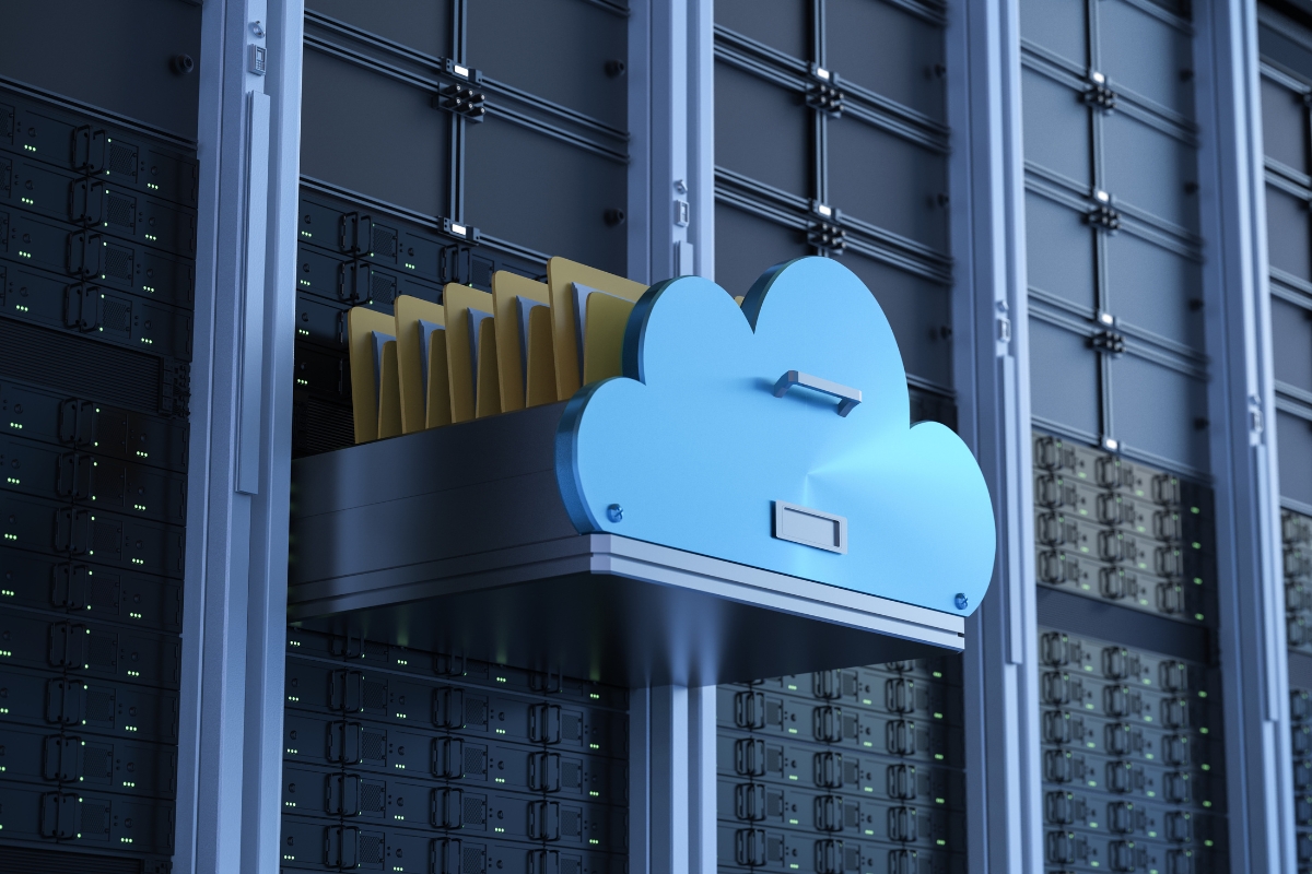 A cloud with a file on top of a server, used in content delivery networks (CDN).