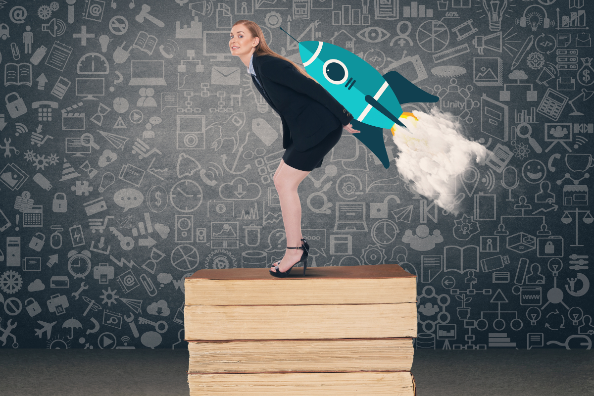 A woman standing on a stack of books with a rocket on her back, signifying success.