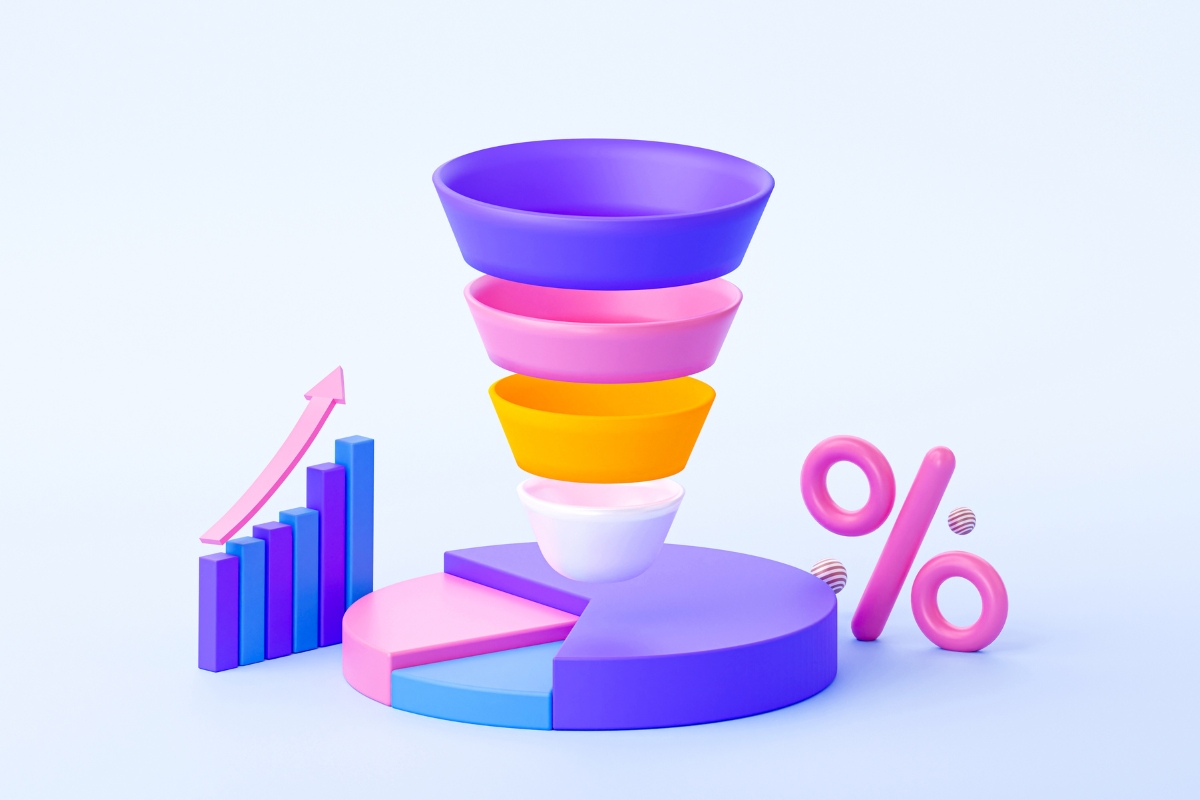 A colorful conversion funnel on a blue background.