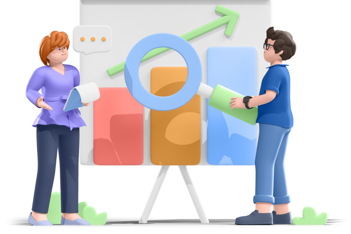 Two people standing in front of a board with Google Search Console graphs on it.