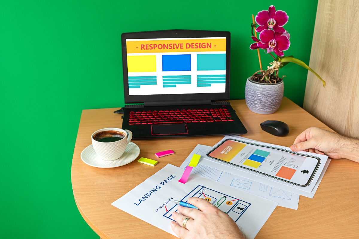 A person working on web design for home service companies with a laptop displaying 'responsive design' and a tablet with 'landing page' sketches on a desk with a coffee cup and a potted orchid