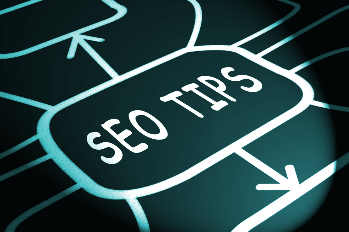 The phrase "SEO tips" is drawn on a black background.