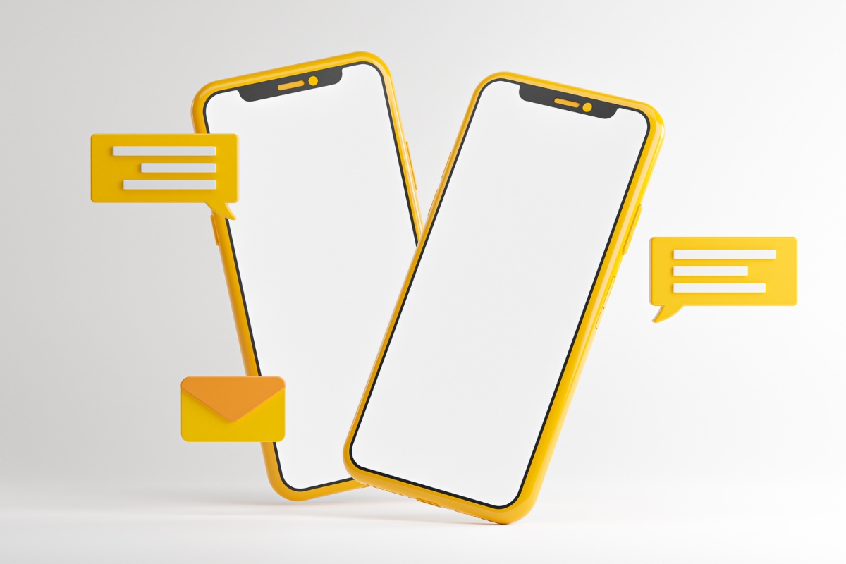 Two yellow Mailchimp smartphones on a white background.