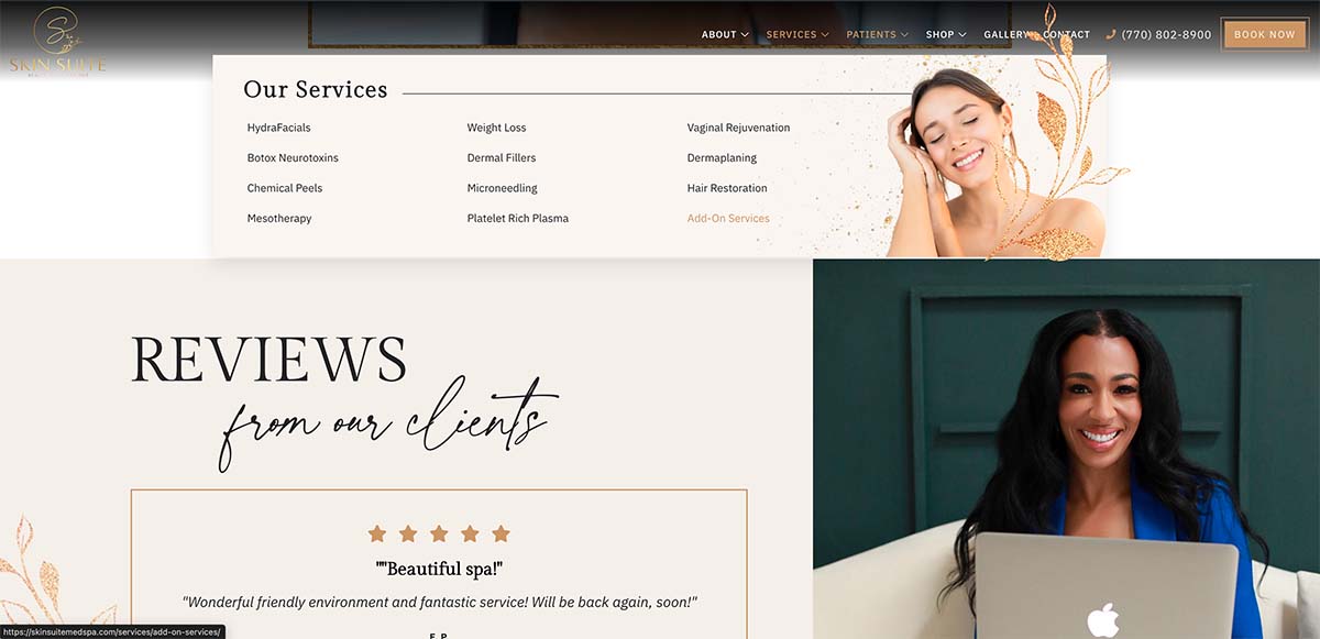 Easy navigation menu for Skin Suite MedSpa in Atlanta