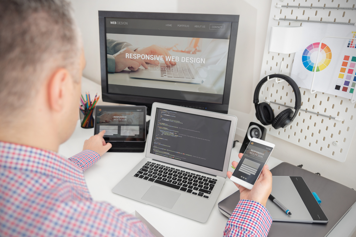 A man sitting at a desk with a laptop and cellphone, working on a responsive web design.