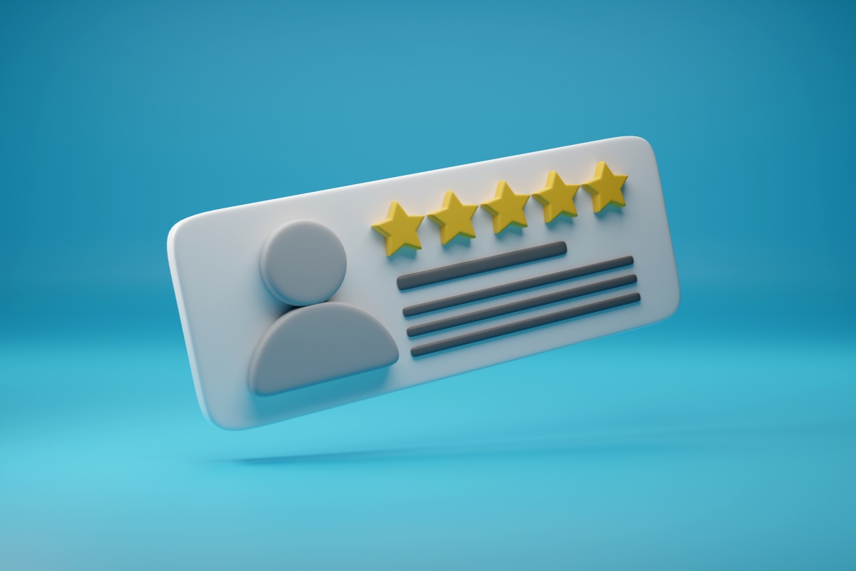 An illustrated customer review card for a service-based business, showing a five-star rating.