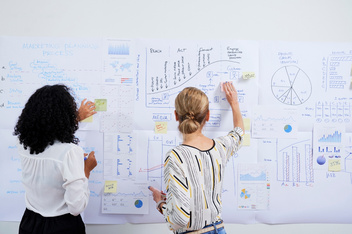 Two professionals analyzing and discussing service-based business marketing data on a whiteboard filled with graphs and charts.