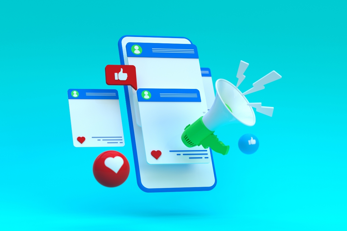 3D illustration of a smartphone with social media interface elements and a megaphone, symbolizing small business marketing ideas for online engagement and promotion.