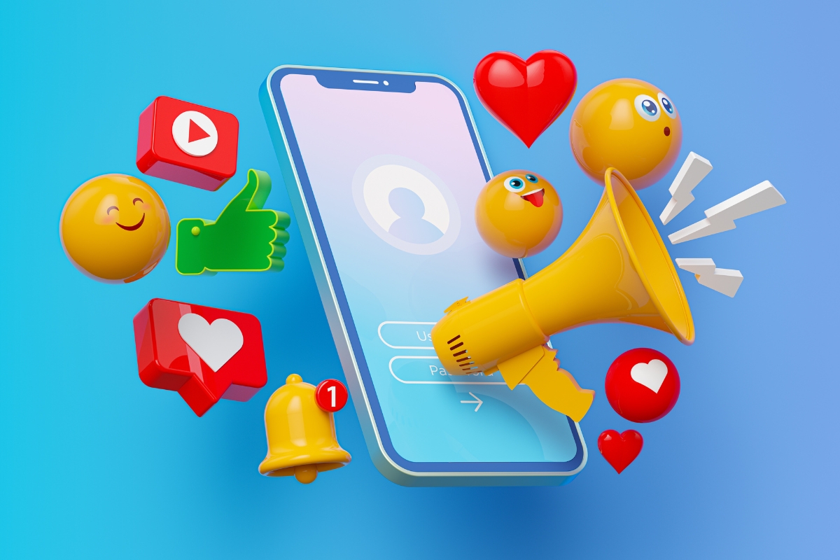 A smartphone encircled by various social media-related 3D icons, showcasing social media engagement through likes, notifications, and emoji reactions.