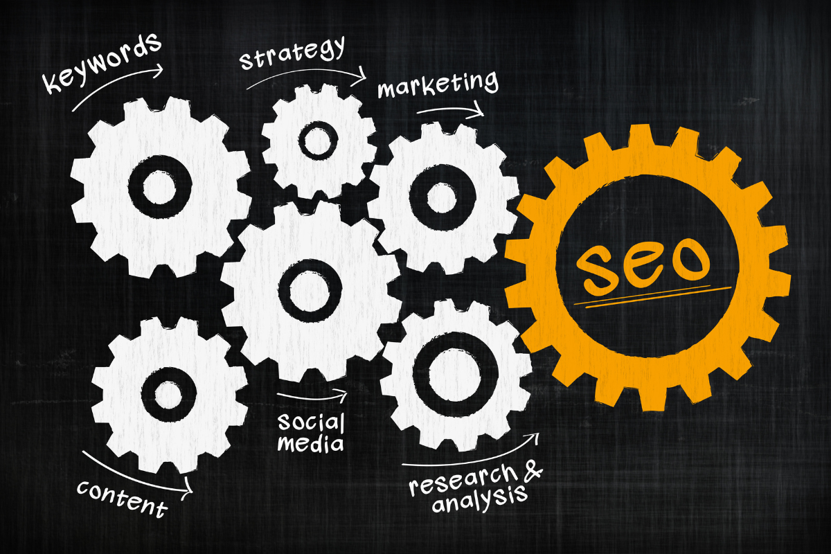 Illustration depicting SEO and its components as interconnected gears on a chalkboard.