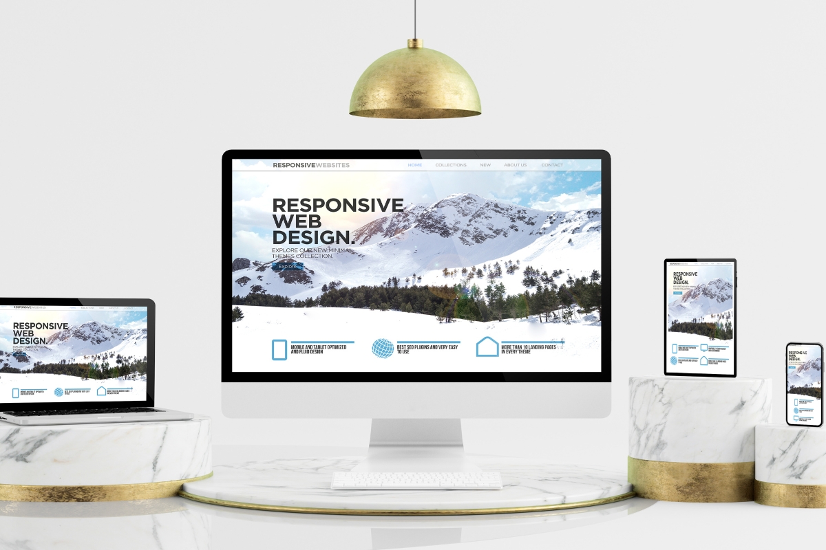 Computer and mobile devices on a marble desk displaying a website about responsive web design using Divi Builder themes, with a snow-capped mountain on the screen.