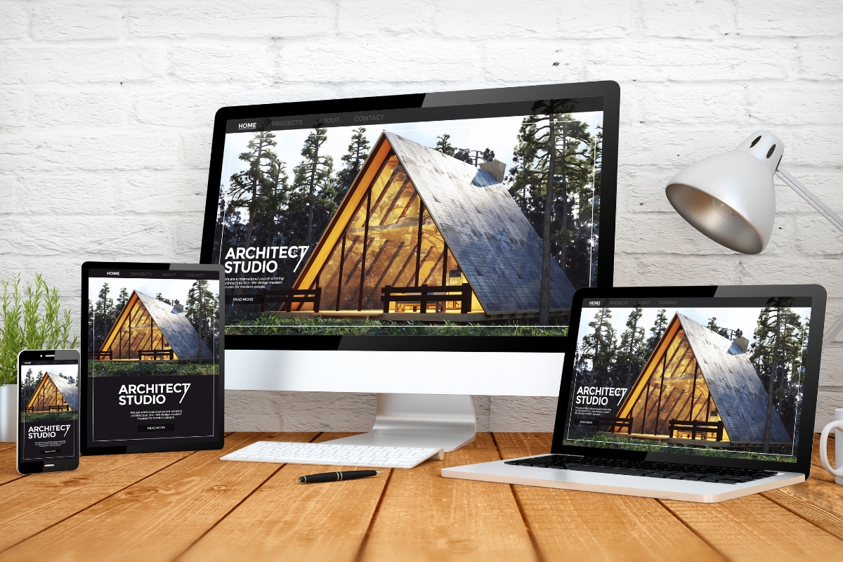 Multiple devices including a desktop, laptop, tablet, and smartphone displaying the same architectural studio website featuring a modern a-frame house using Divi Builder themes.