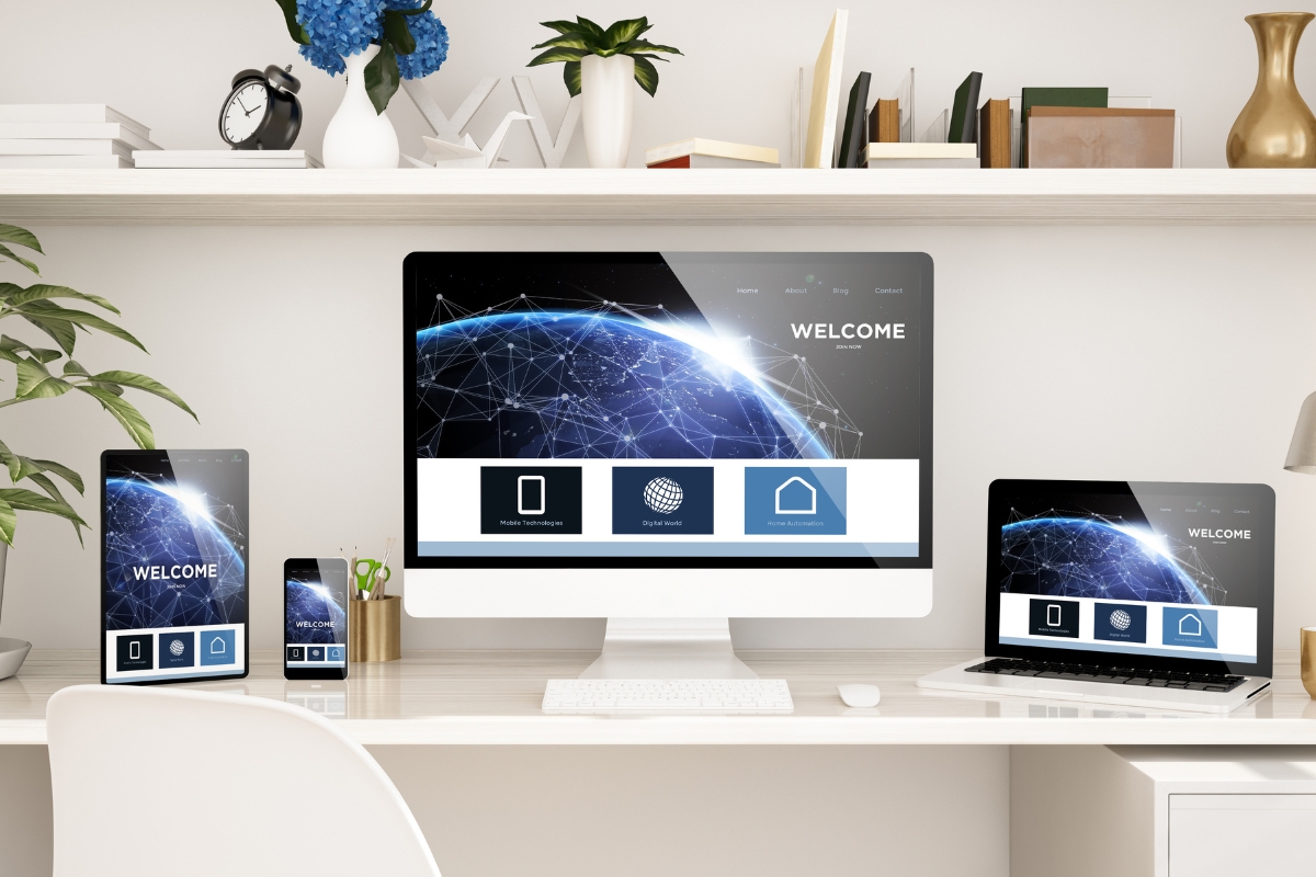 A modern workspace featuring a desktop computer, a laptop, and a tablet, all displaying a matching "welcome" screen with divi builder themes and a global network graphic.