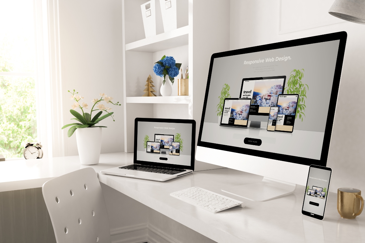 A modern workspace featuring a desktop, laptop, and smartphone all displaying a responsive Elementor in WordPress design project, set in a bright room with decorative plants and flowers.