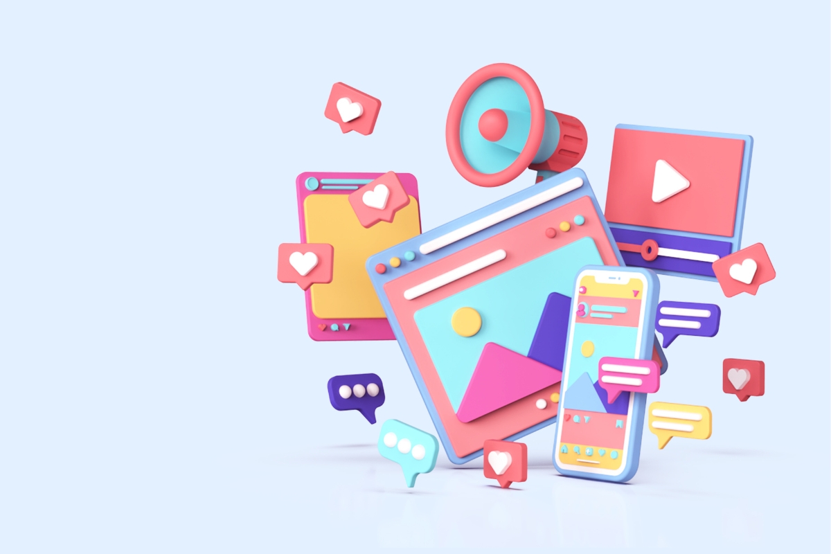 Colorful 3d illustration of various social media icons and interfaces, including a smartphone, emails, and a loudspeaker, on a light blue background, highlighting a Facebook marketing mistake.