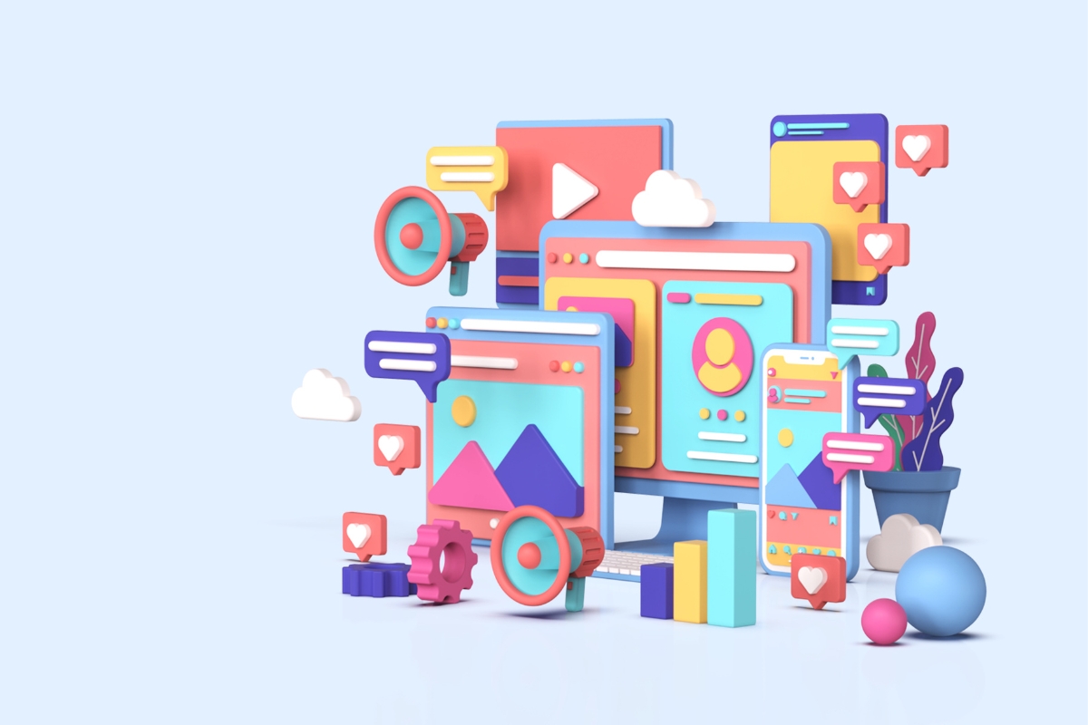 Colorful 3d illustration of various digital devices displaying multimedia content related to a Facebook marketing mistake, surrounded by interface icons and decorative elements, set against a light blue background.