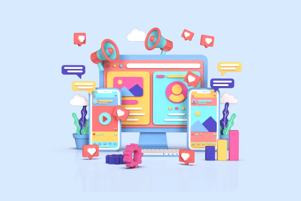 Illustration of a digital marketing setup with a desktop, smartphone, and icon elements depicting how to improve your Facebook business page.