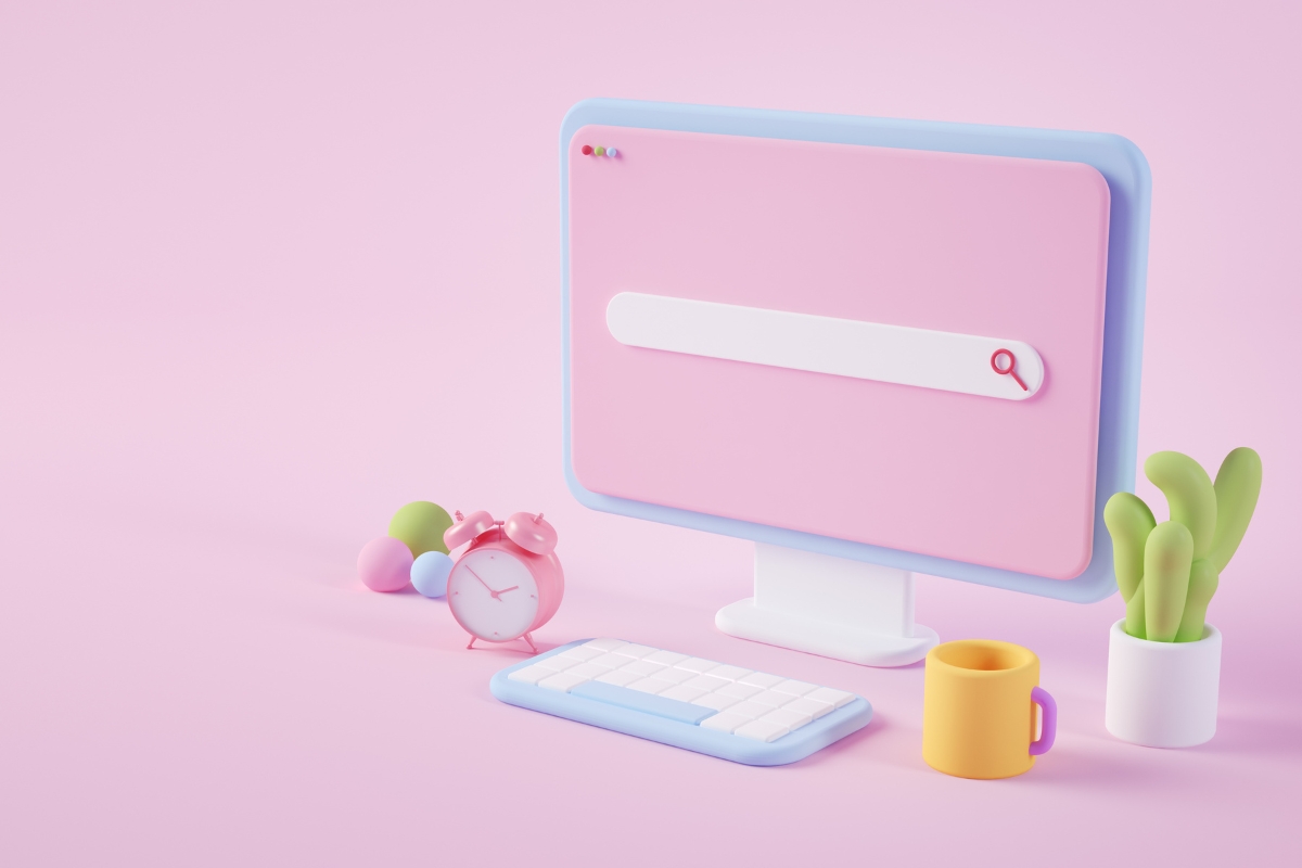 A stylized 3D illustration of a workspace with a pink computer monitor displaying a search bar for "how to search on a website," accompanied by a keyboard, a small alarm clock, a coffee
