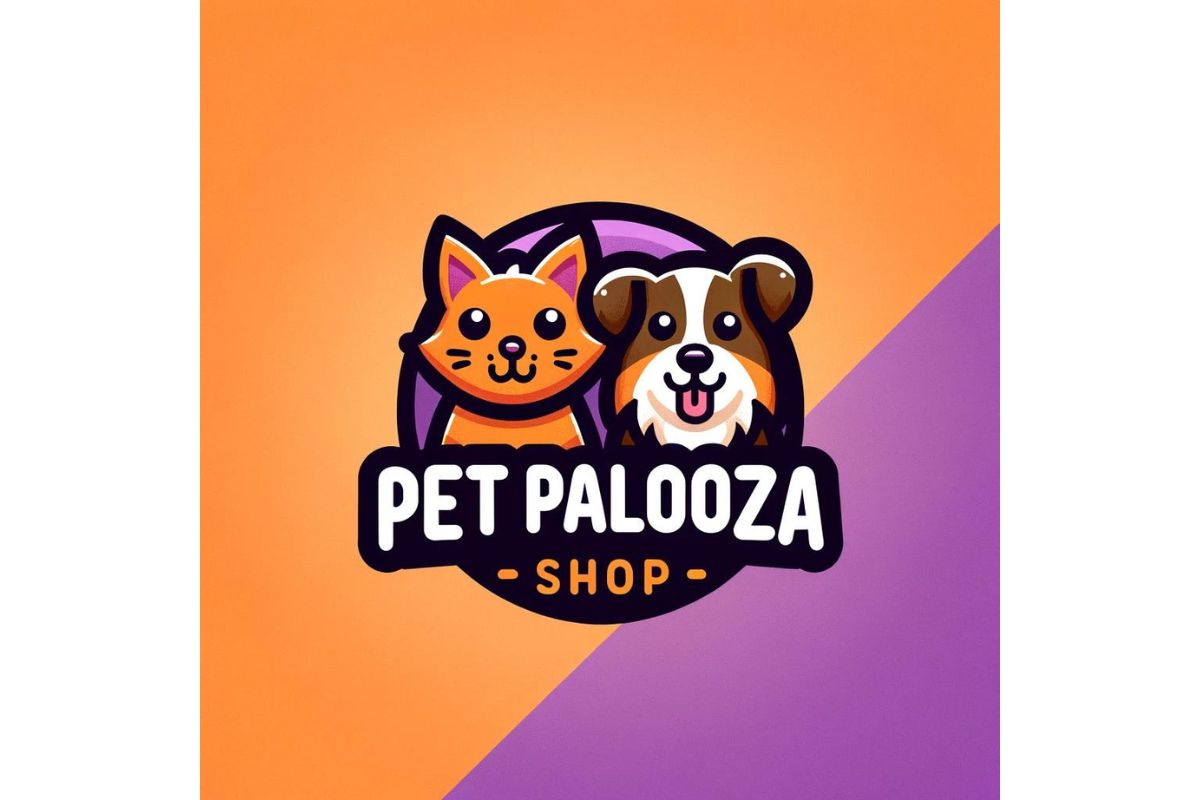 Logo for "pet palooza shop" featuring a cartoon cat and dog against a purple and orange background, perfect for promoting on your new Facebook business account.