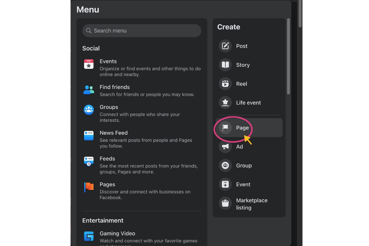 Smartphone screen displaying Facebook menu with options like events, groups, and marketplace, highlighted on the 'groups' feature for creating a Facebook business account.