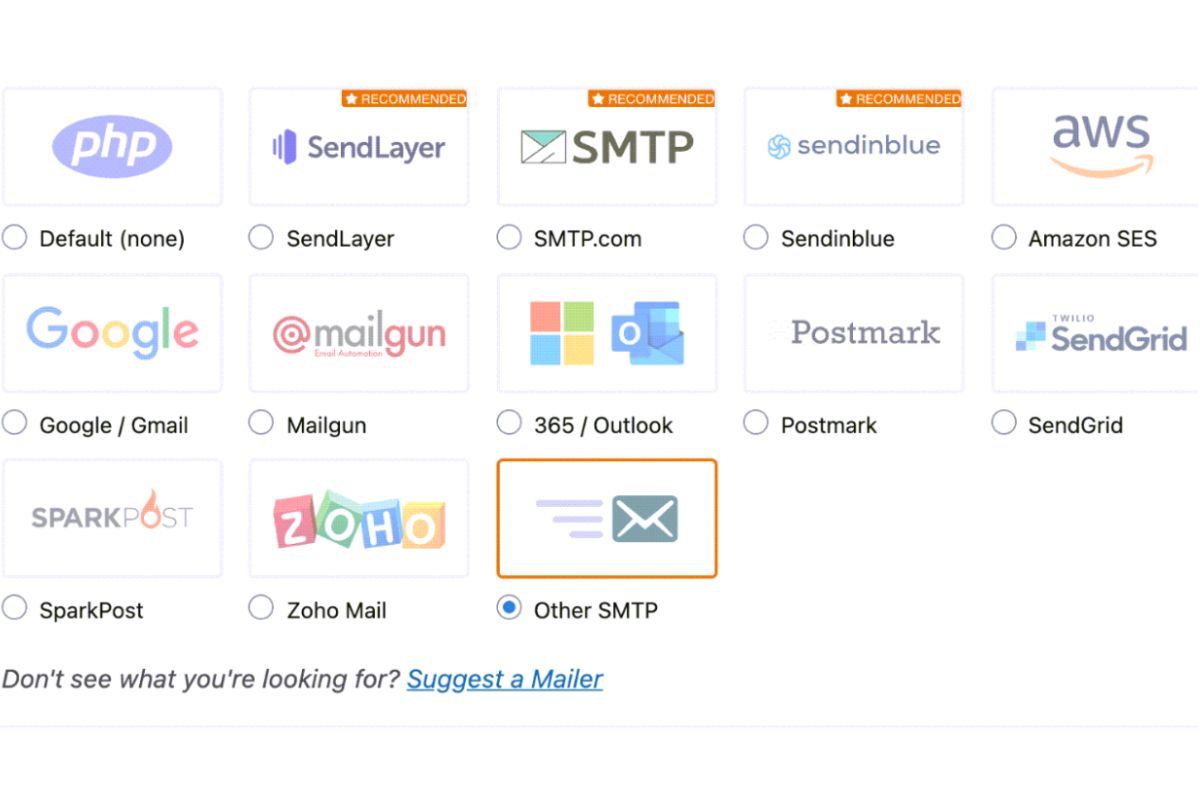 Grid layout of email service provider icons including Google, SMTP.com, Sendinblue, Amazon SES, and others, highlighted on the "Elementor form not sending emails" option.