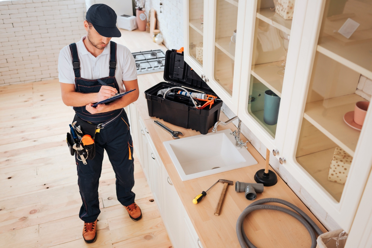 A plumber wearing a cap and overalls writes on a clipboard in a kitchen. His toolbox and various tools are spread out on the counter beside a sink, ready for the next task—a perfect scene for content marketing for plumbers looking to showcase their expertise.