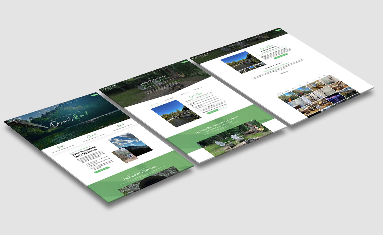 Three web pages displayed for Basecamp Smoky Mountains on a light gray background showcase a nature-themed website with images of the Smoky Mountains, accommodation listings, a photo gallery, and green accents. The site feels like an online basecamp for outdoor enthusiasts.