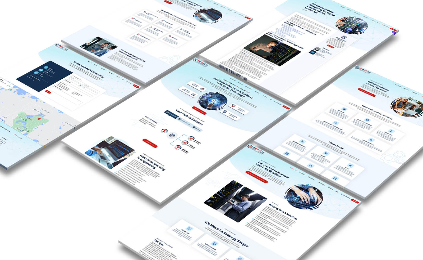 A top-down view displaying six web design mockups for RamcoTek Consulting, each featuring various layouts and elements such as text blocks, icons, images, and buttons, set against a light background with subtle map graphics.