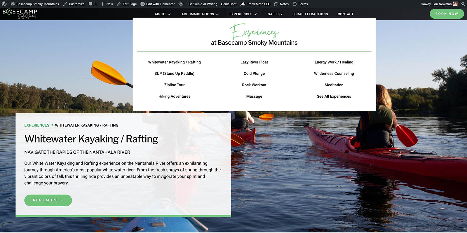 A screenshot of Basecamp Smoky Mountaints Website showing the mega menu.