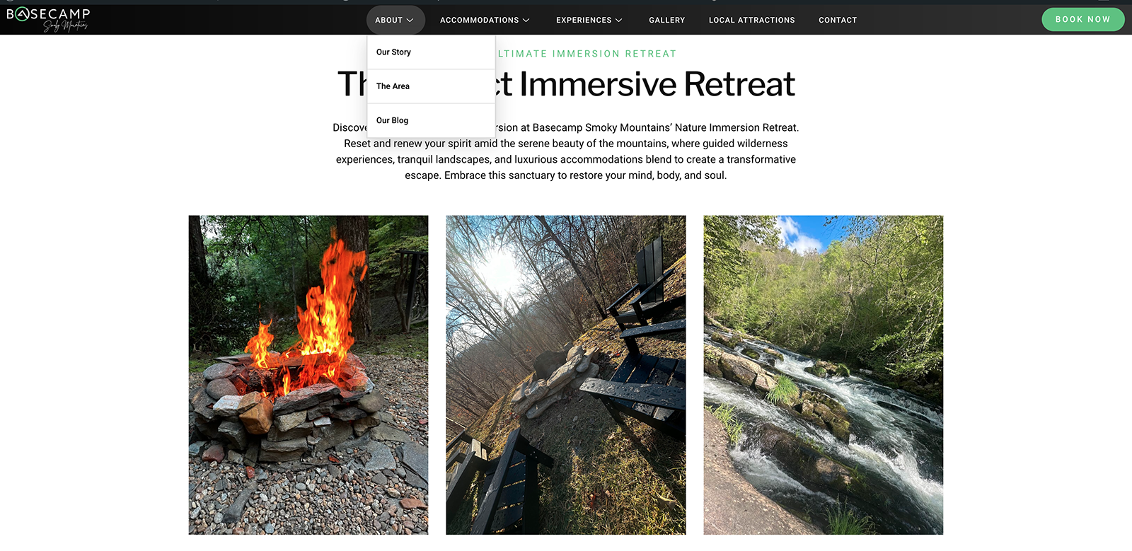 A screenshot of Basecamp Smoky Mountaints Website showing photos of their immersive retreat.