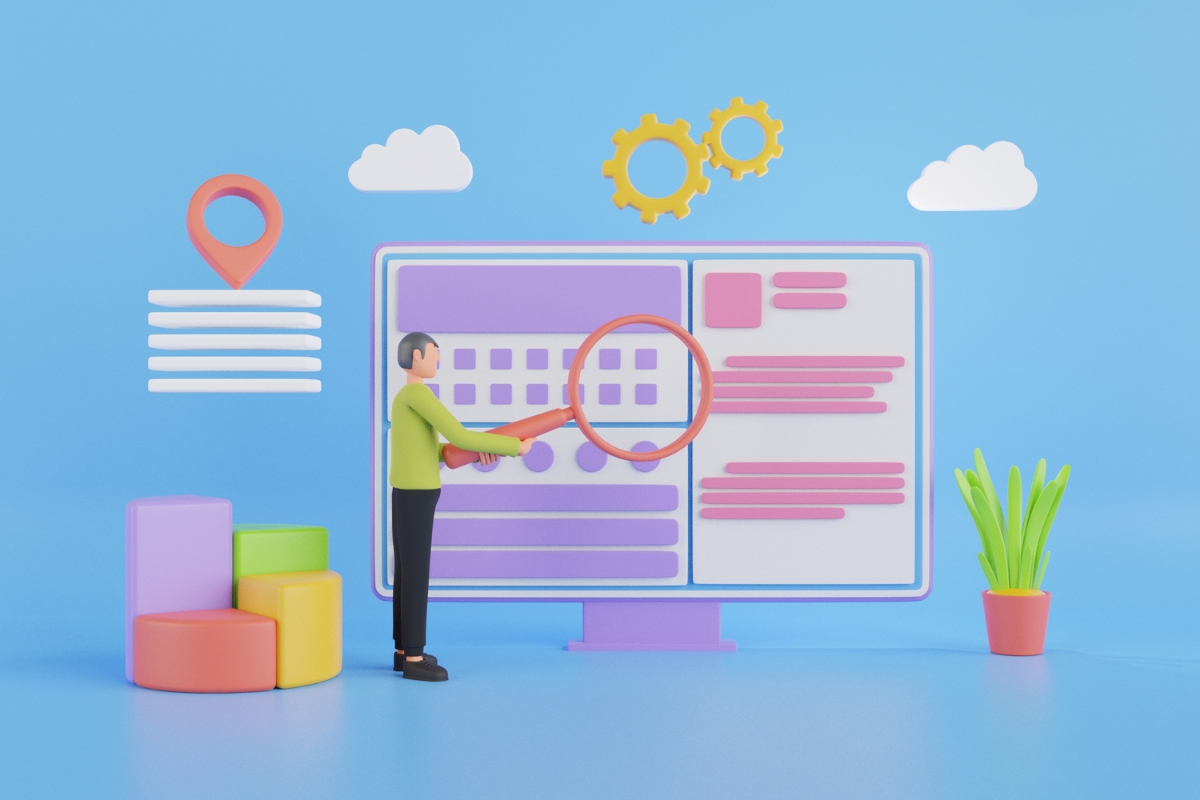 A 3D illustration features a person examining a large computer screen with a magnifying glass. The screen displays various graphical elements, perhaps detailing service area pages. Nearby, there are colorful bar charts and a potted plant.