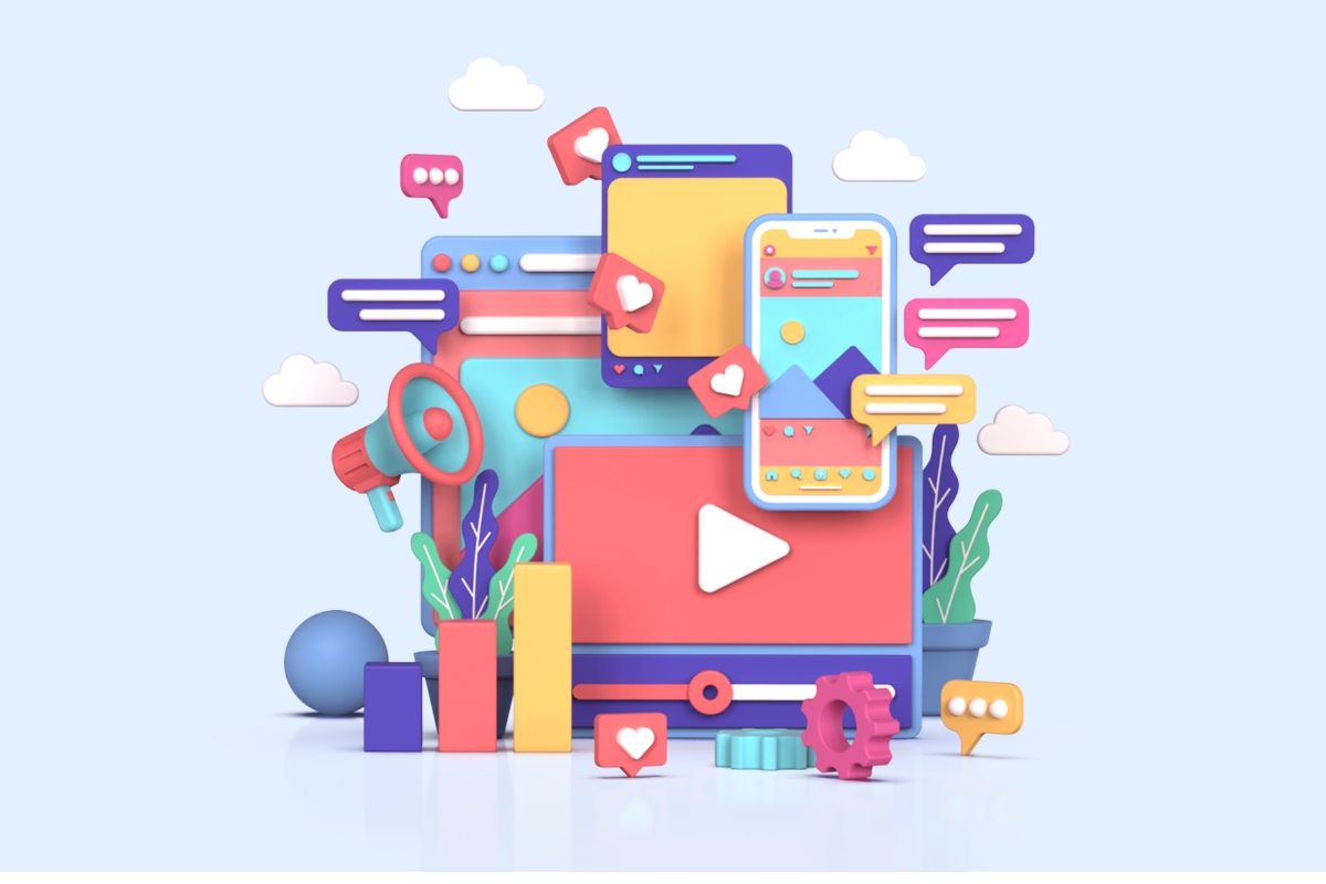 Illustration of various digital devices and social media icons, including smartphones, chat bubbles, likes, and play buttons, surrounded by plants and abstract shapes, perfect for highlighting a social media marketing plan.