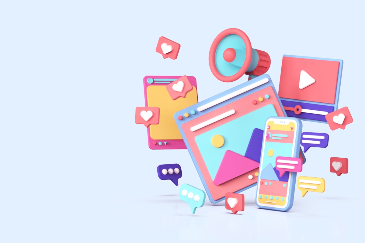 Colorful digital icons depicting social media elements, such as heart signs, chat bubbles, and screens, float against a light blue background, perfect for illustrating any social media marketing plan.