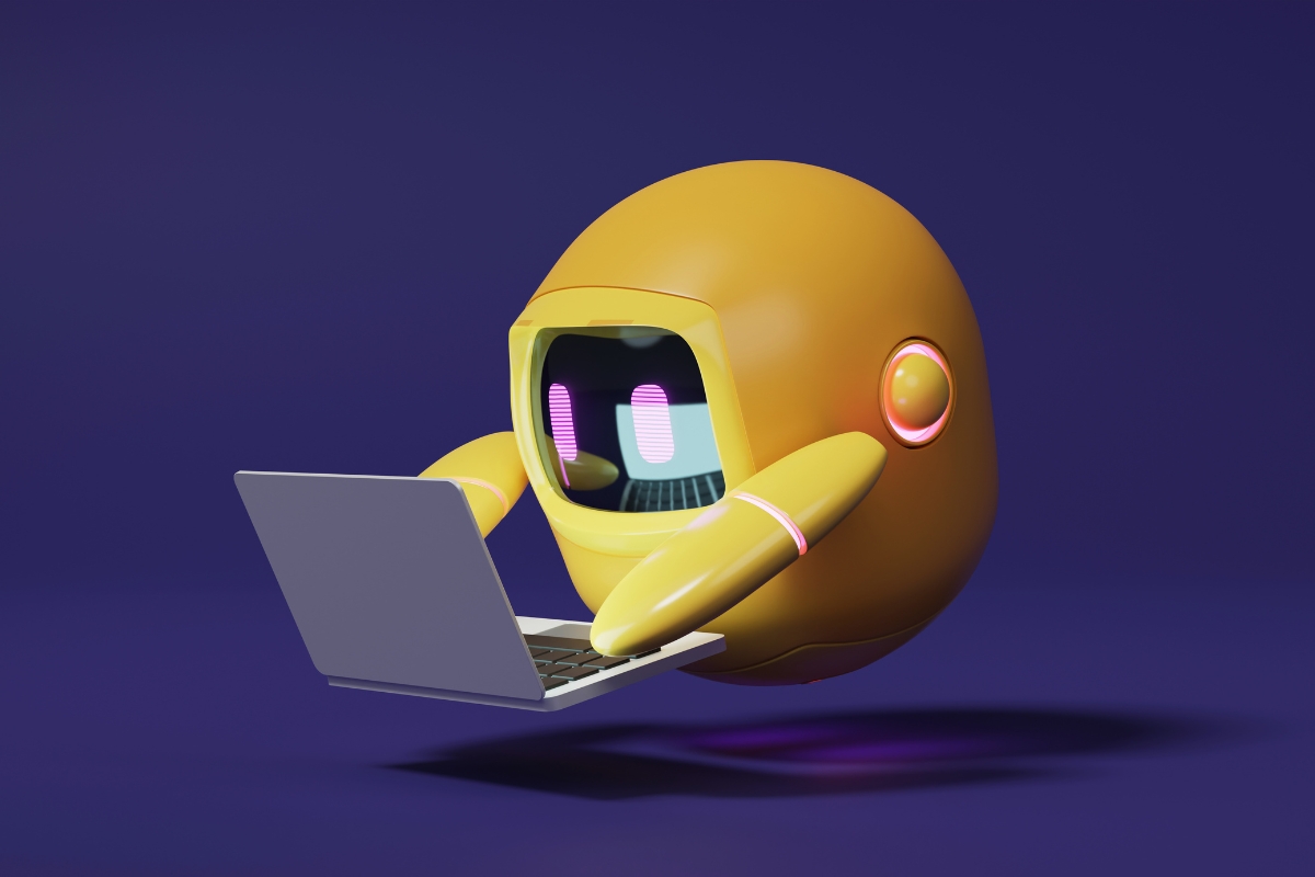 A small, round, yellow robot with glowing eyes is floating in the air against a dark blue background, using a laptop to research if Google can detect AI content.