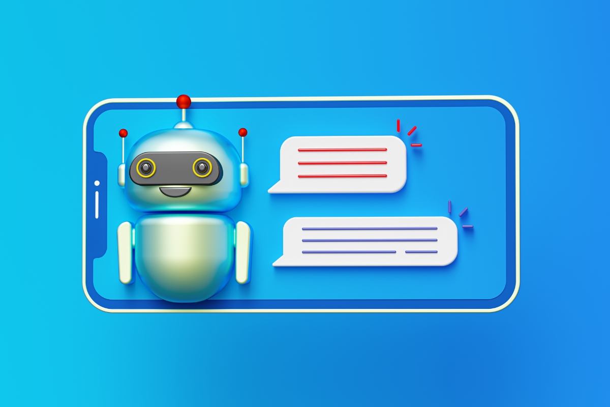 Illustration of a blue and white robot inside a smartphone screen, with speech bubbles depicting a conversation against a blue gradient background. Curious about tech? Can Google detect AI content is subtly addressed in the chat, merging futuristic design with thought-provoking questions.