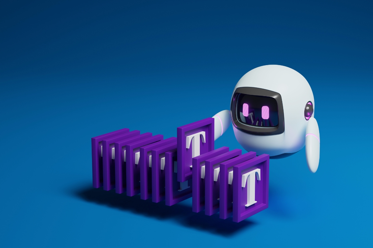 A small robot is meticulously aligning a series of purple letter "T" blocks in formation on a blue background, creating an eye-catching design that makes you wonder, can Google detect AI content?