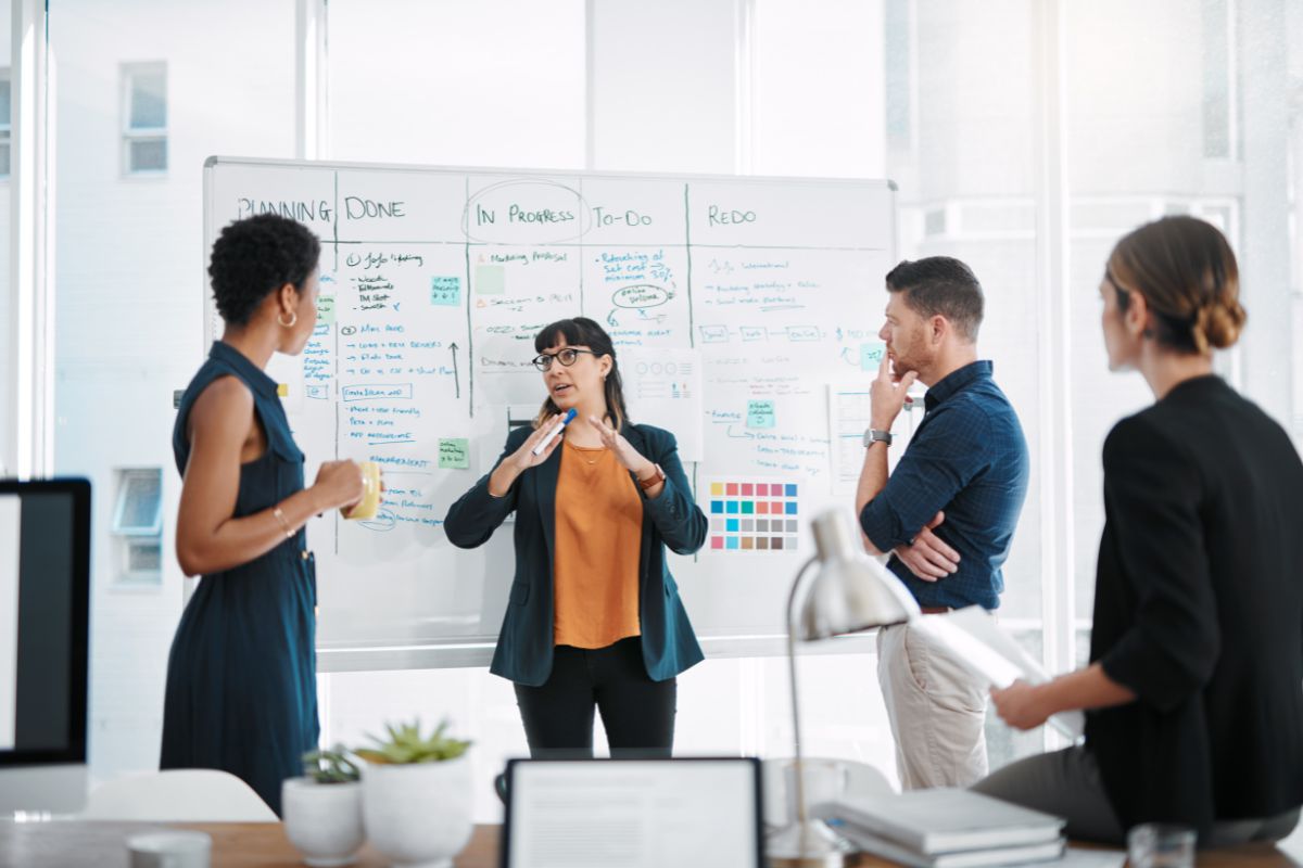 Four people stand in front of a whiteboard covered with notes and diagrams. They appear to be in a discussion or brainstorming session about Inbound vs Outbound Marketing in a modern office setting.