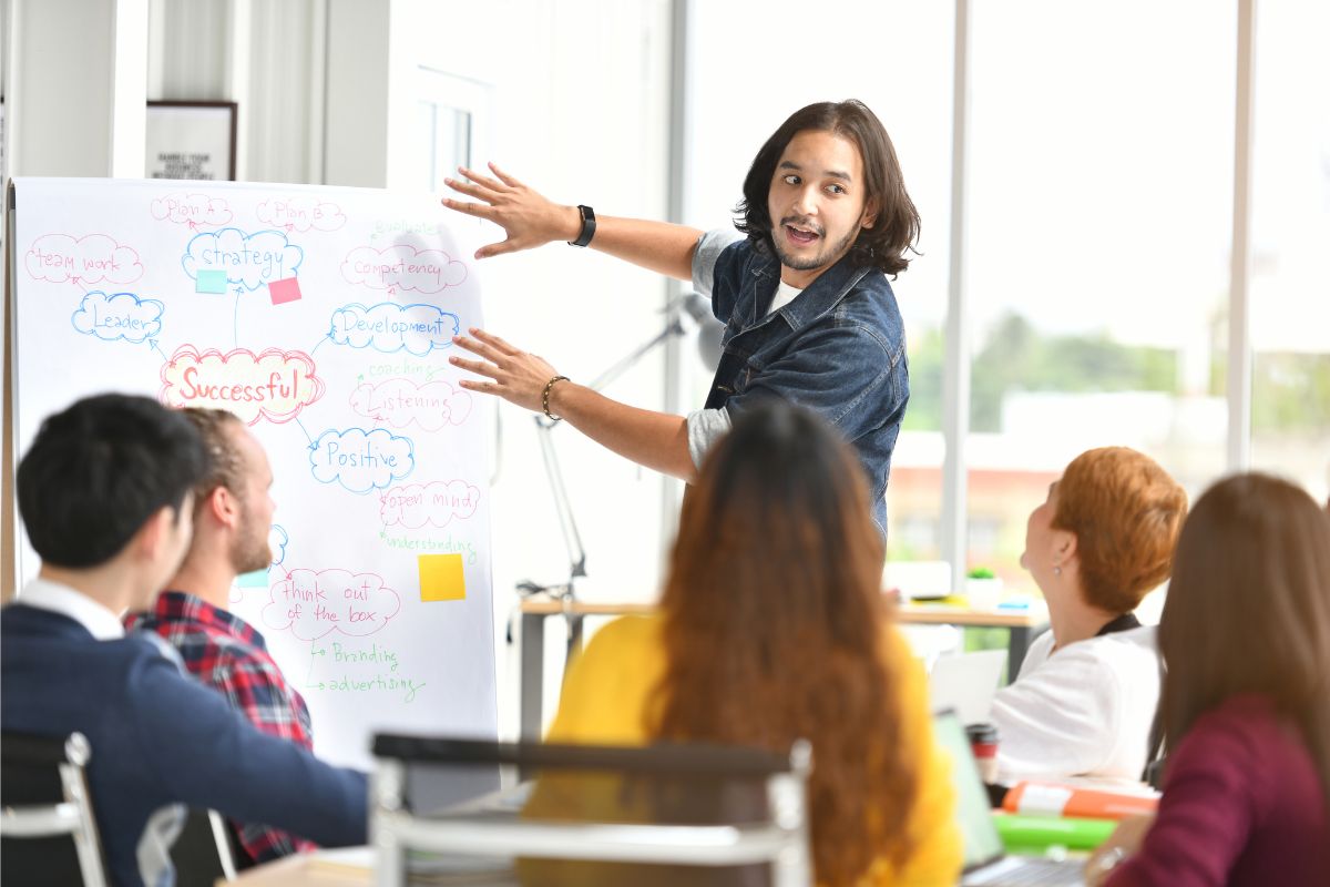 A person gives a presentation to a group of people on how to use social media for business, pointing at a flip chart with various ideas and concepts written on it. The group listens attentively.