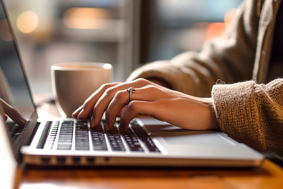 A person wearing a brown sweater types on a laptop keyboard at a wooden table with a cup of coffee nearby, perhaps researching how to write quality content.