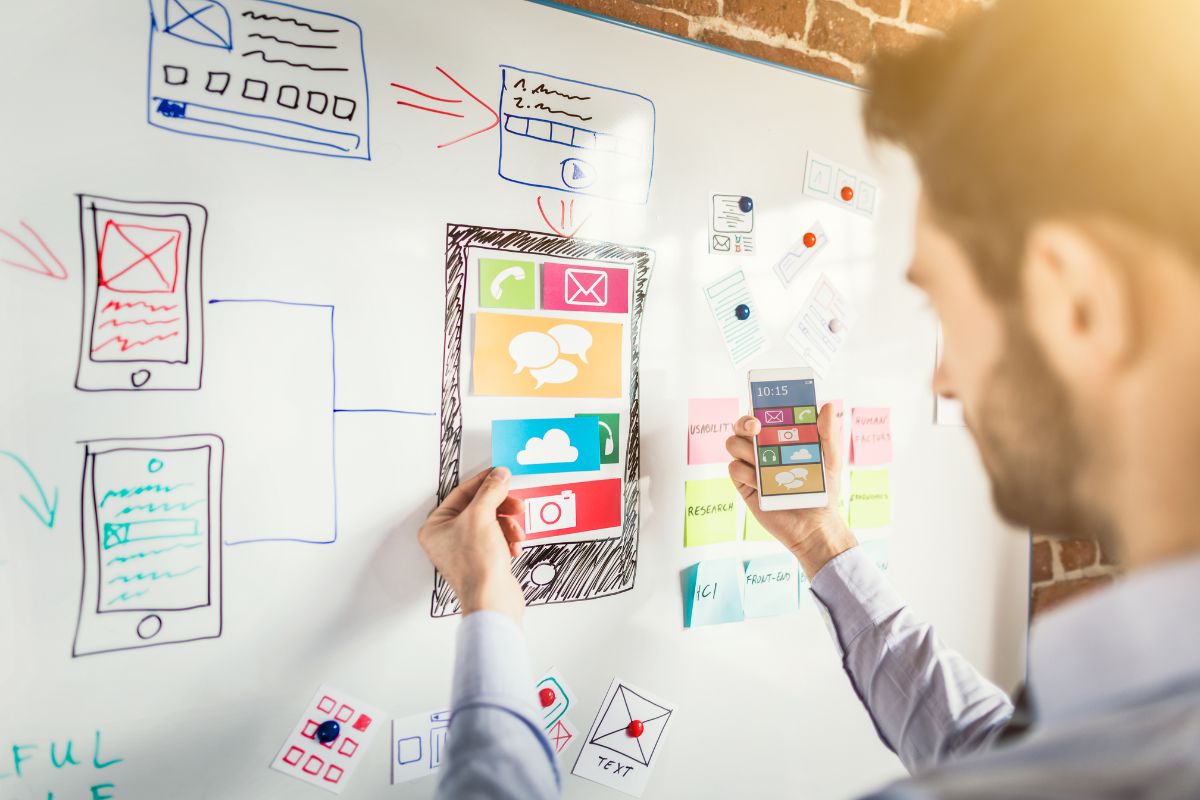 A person is designing a mobile app interface on a whiteboard, referencing a smartphone. The board has colorful notes, sketches of screens, and diagrams illustrating how to create a landing page that drives conversions quickly.