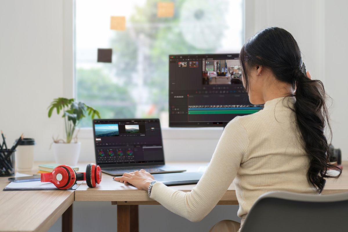 A person sits at a desk using two monitors for video editing, perhaps piecing together content on how to use YouTube Shorts for business. A laptop, red headphones, and a plant are also on the desk.