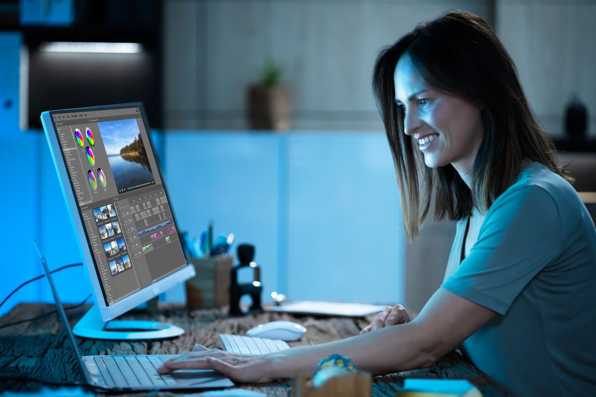 A woman sits at a desk, using a desktop computer for video editing in a dimly lit room. She is focused on the screen, which shows an open video editing software interface filled with various clips and video testimonials.