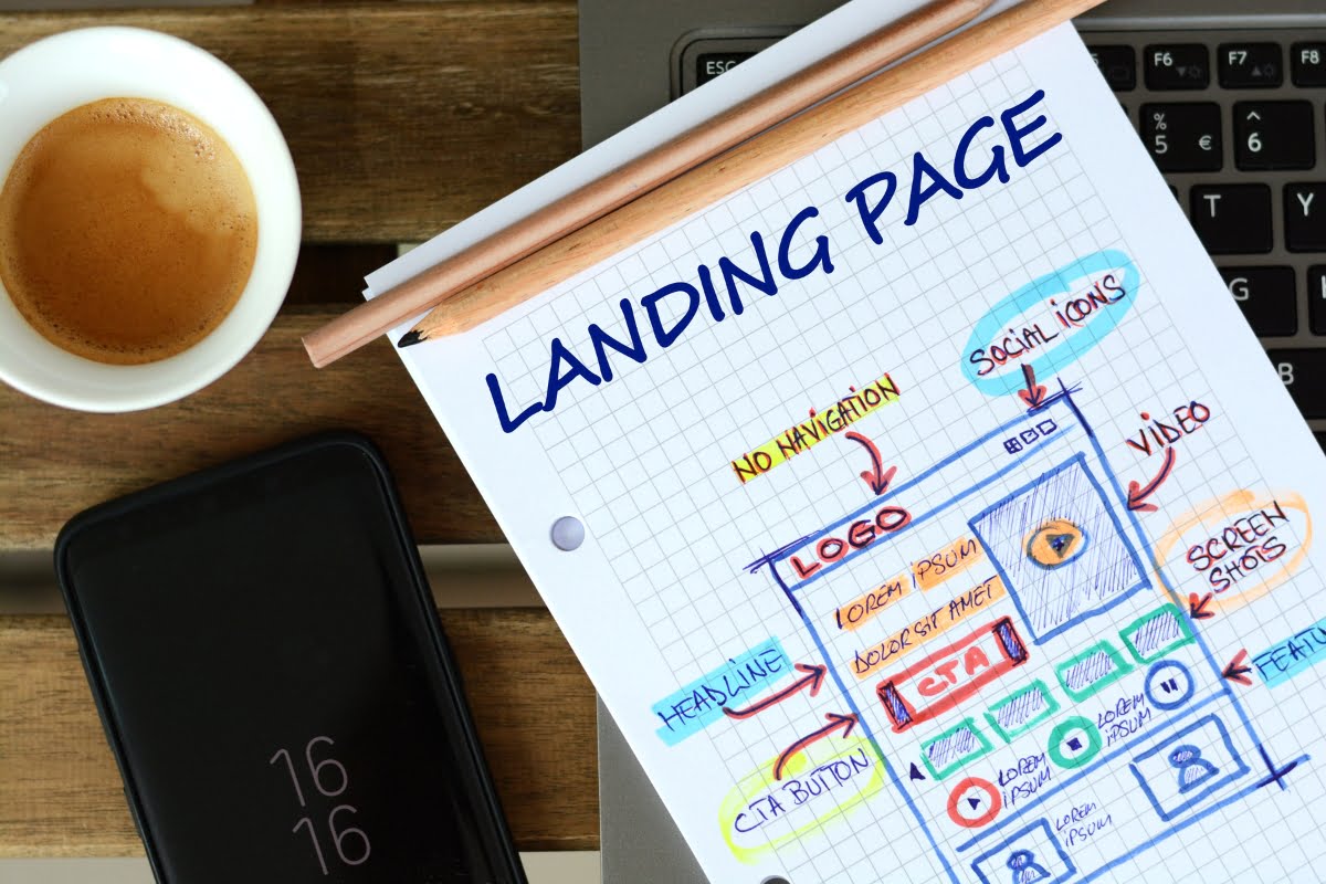 Close-up of a laptop, a cup of espresso, a smartphone, and a hand-drawn landing page design on graph paper labeled with elements like logo, headlines, CTA buttons, social icons, video, and screenshots—perfect for answering "what is a landing page?